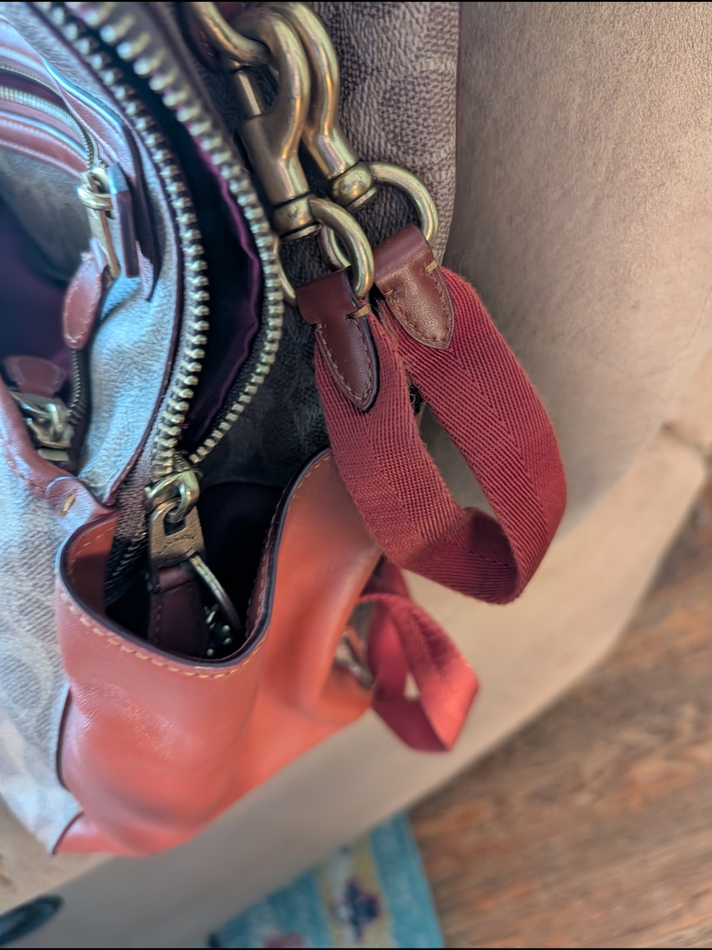 Coach Signature Canvas Backpack in Brown with Red Leather Trim - Picture 4 of 6